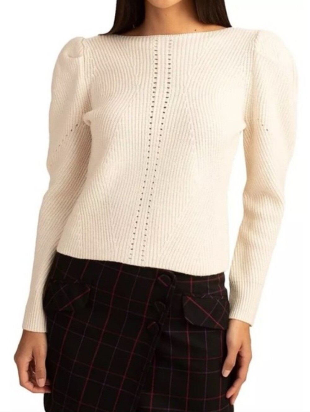 Trina Turk Dalhart Neatral Merino Wool  Puff-Sleeve  Sweater Size L.  NWT